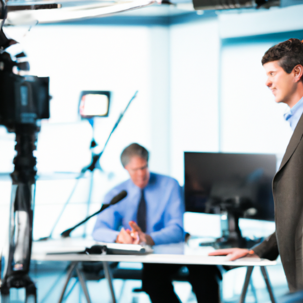 AI-generated modern Canadian newsroom with diverse journalists collaborating at screens and microphones in Toronto studio